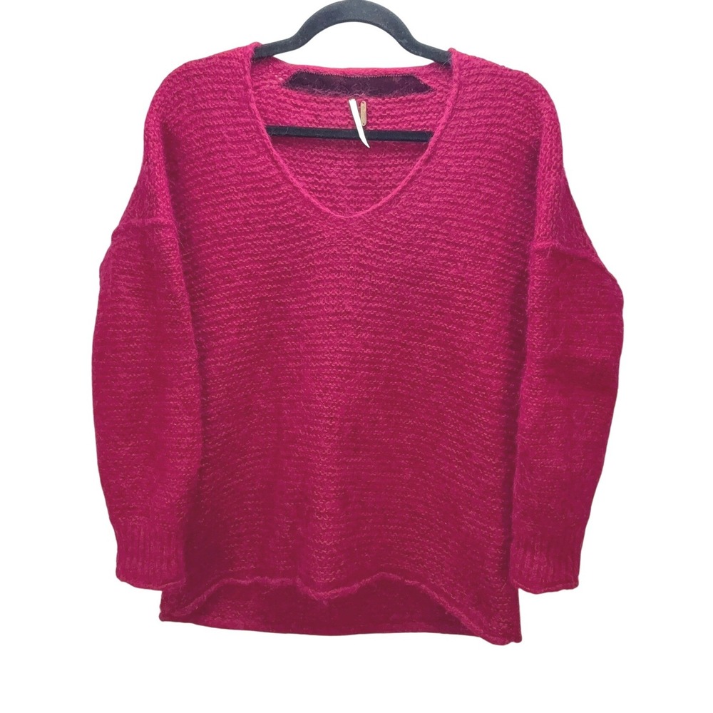 Free People Alpaca Blend V-Neck  Sweater S Dark Red Slouchy Cozy Pullover Boho